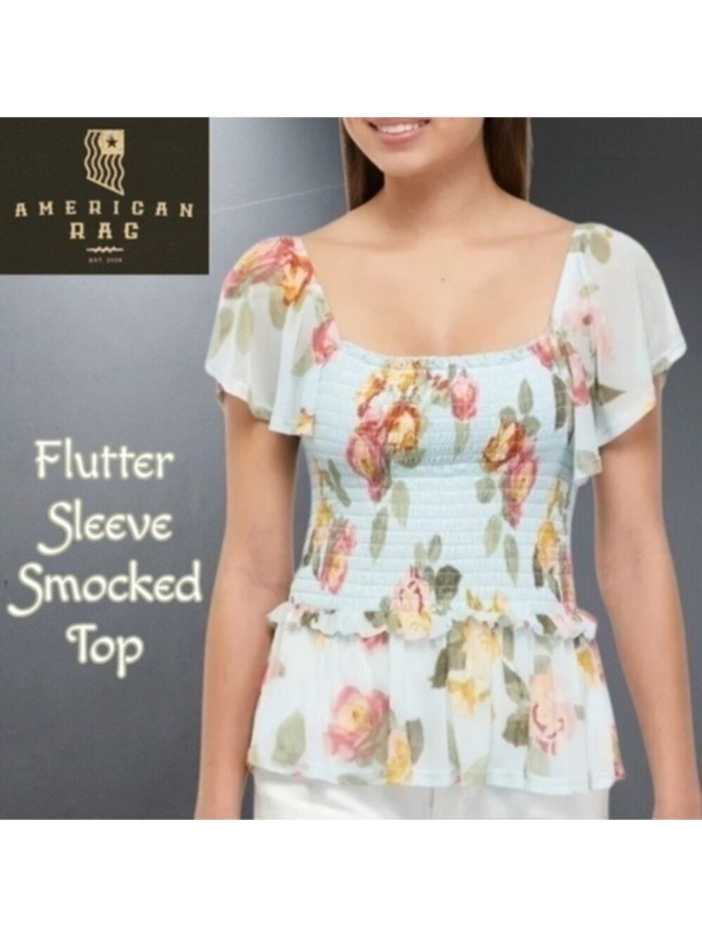 AMERICAN RAG Sheer Flutter Sleeve & Hem Square Neck Smocked Floral Top NWT/Lg